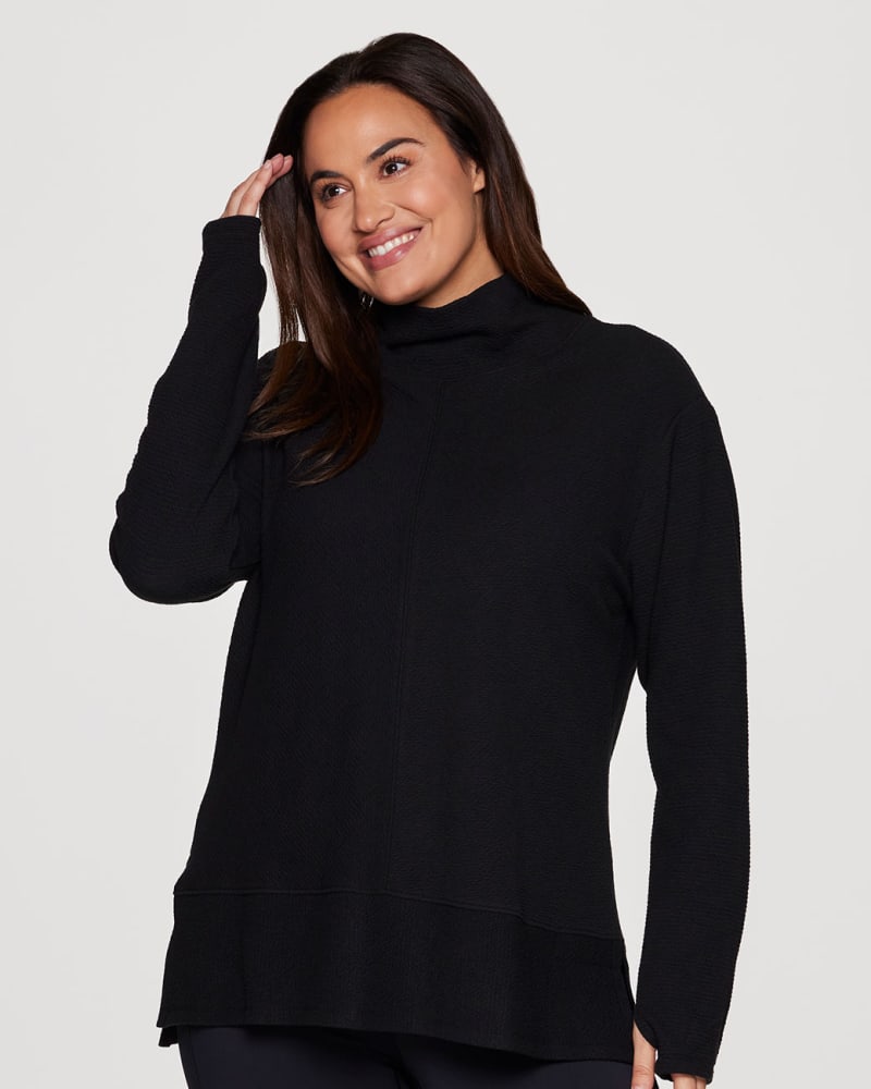 Front of a model wearing a size 3X Plus Studio Jacquard Mock Neck Pullover in Black by RBX Active. | dia_product_style_image_id:315795